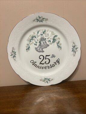 25th Anniversary Commemorative Dinner Plate - White with Silver & Green Accents